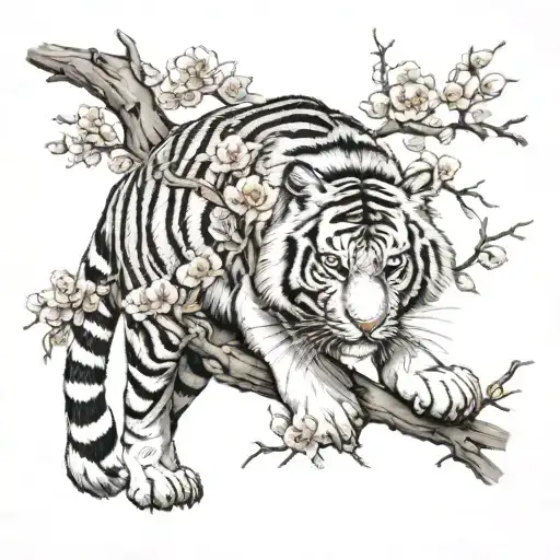 Tiger Walking Cherry Blossom Tree Branch Moon