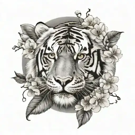 Tiger With Cherry Blosssom Tree And Moon Merging Together