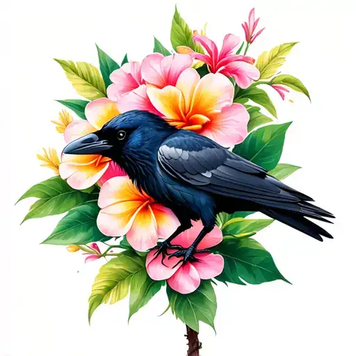 Plumeria And Carnation Flower Combo With A Raven Standing