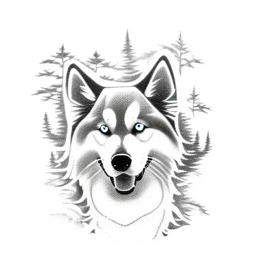 A Mystical Forest With A Silhouette Of A Golden Retriever And Husky Walking Side By Side