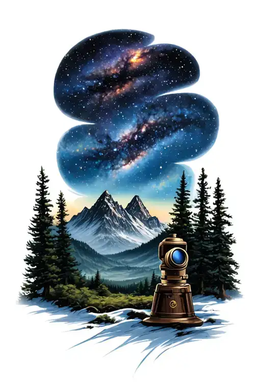 Mountains Behind Trees With Galaxy Stars And A Small Telescope