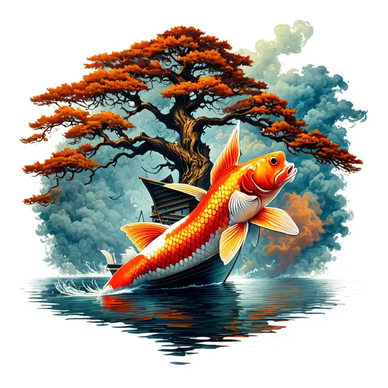 Tree Of Live Half Alive Half Dead Oak Tree Koi Fish Swimming Smoke Around Boat Sailing