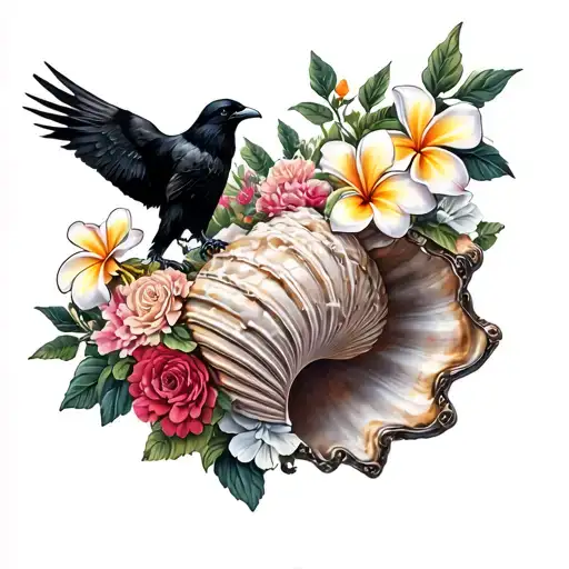 Large Twisted Conch Shell With Plumeria And Carnations And Cosmos Guarded By A Raven