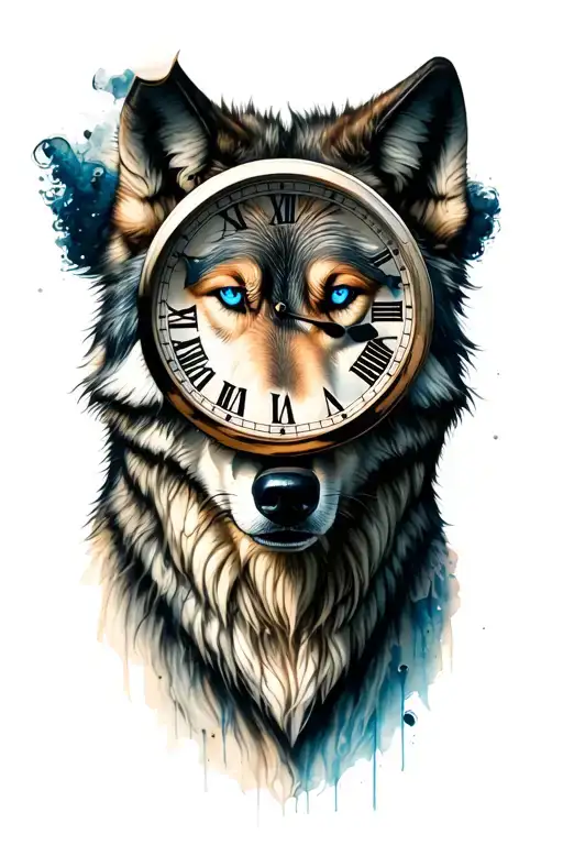 Clock Around Face Of Wolf With Blue Eyes Surrounded