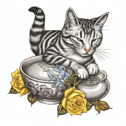 Cat Sleeping Near A Teapot With Yellow Roses Intertwined