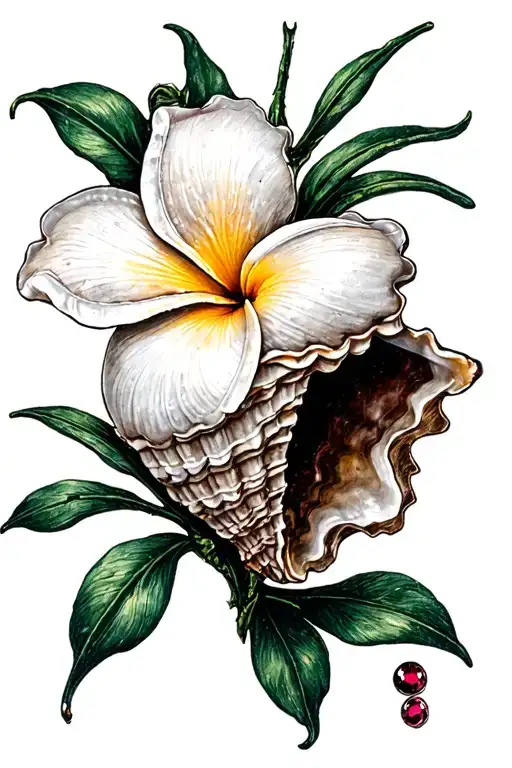 Conch Shell Of Plumeria And Garnet Stones