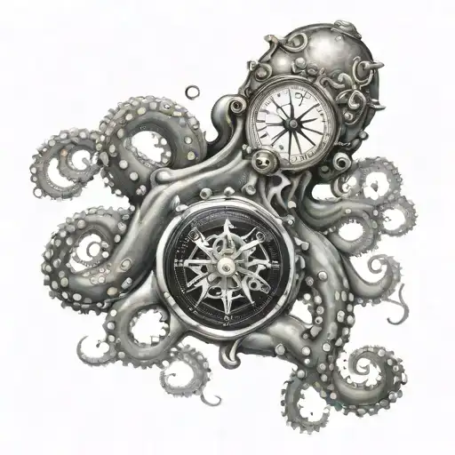 Whole Octopus Grabing Old Big Compass And Surrounded By Tentacles