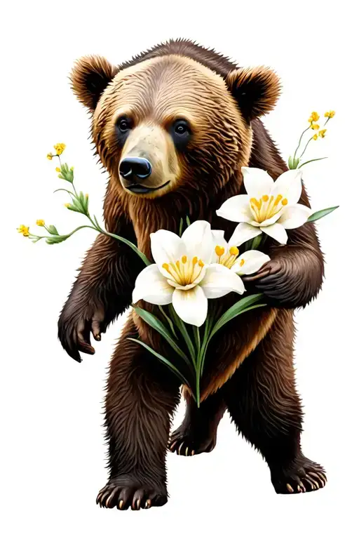 Bear Walking With Narcisus Flower