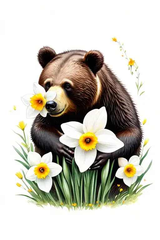 Bear Smelling Narcissus Flowers