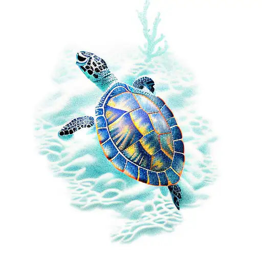 An Intricately Detailed Sea Turtle Swimming In A Coral Reef