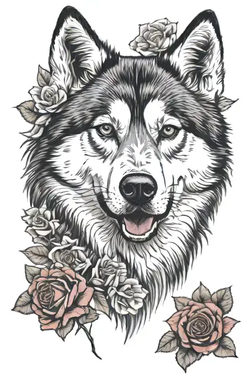 Husky Siberian Face Sourounded By Red Roses