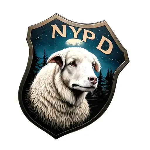 Sheep Dog In The Woods With Nypd Shield Adorned With Moon Overlooking