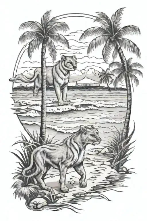 Palm Trees And Beach Scene And Florida Panther Walking