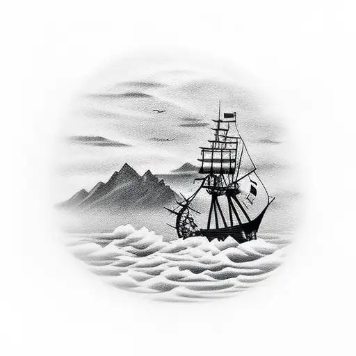 Pirate Ship In The Storm In Front Of Mountains And A Sunset