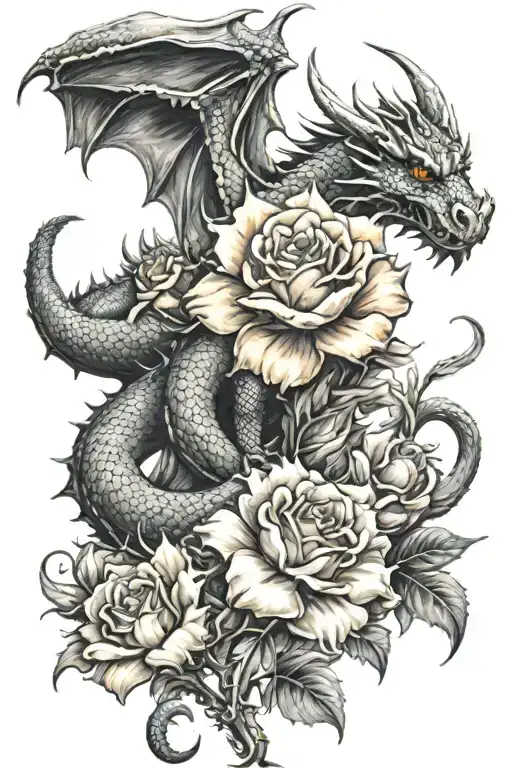 Dragon With Flowers Outer Thigh Tatoo Design