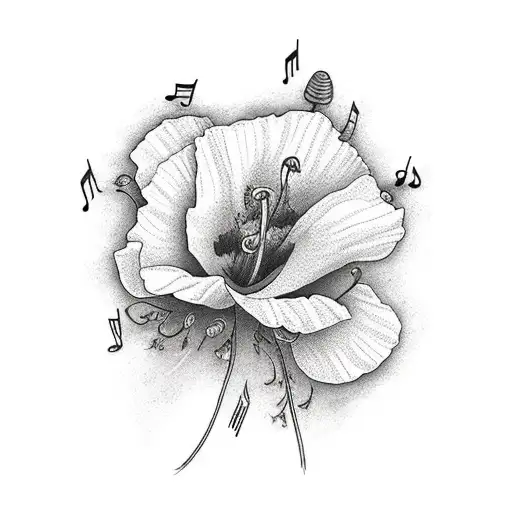 A Realistic Tattoo Of A California Poppy Bouquet With Musical Notes Intertwined In The Stems