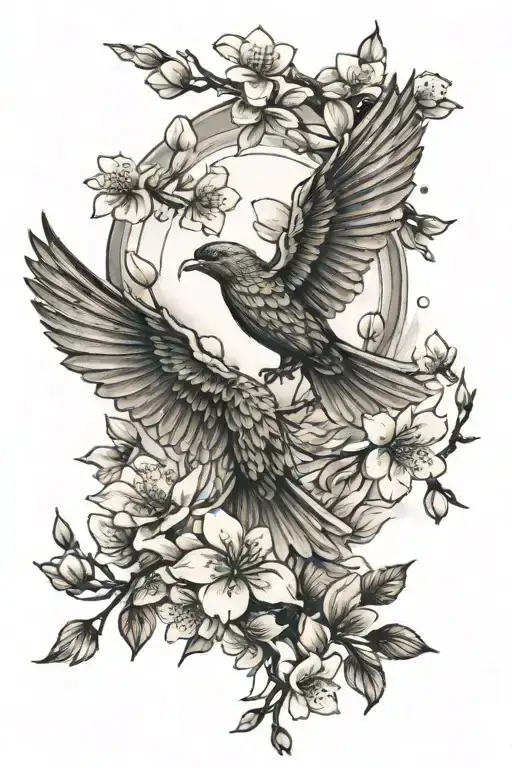 Wings And Rising Sun In The Back Ground With Cherry Blossoms Falling