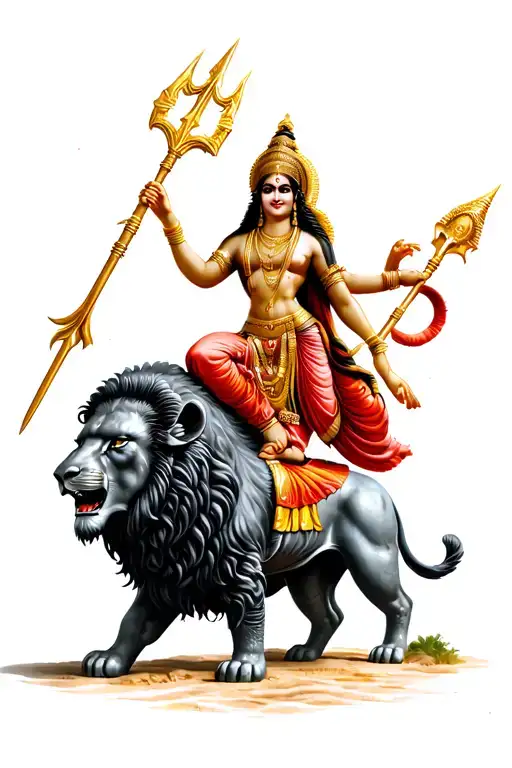 Durga Riding On A Lion And Plunging His Trident Into The Buffalo Demon Mahishasura