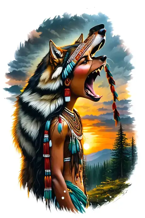 Indian Woman With Wolf Howling With Sunset And Forest