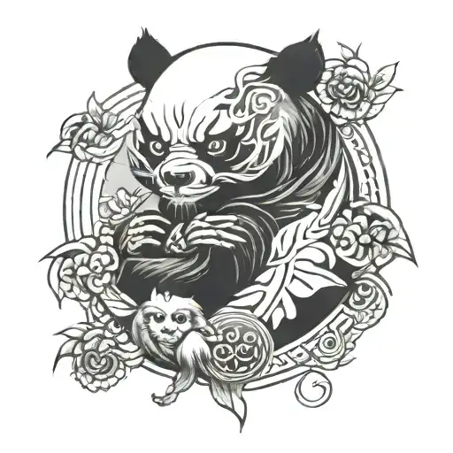 Tengu Mask And Panda Merged In An Yin Yang Symbol Intertwined