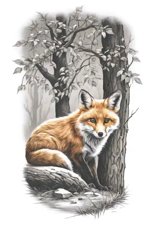 Fox Sitting Under A Tree
