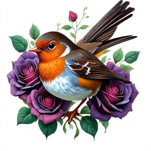 Robin Bird With Roses Blooming