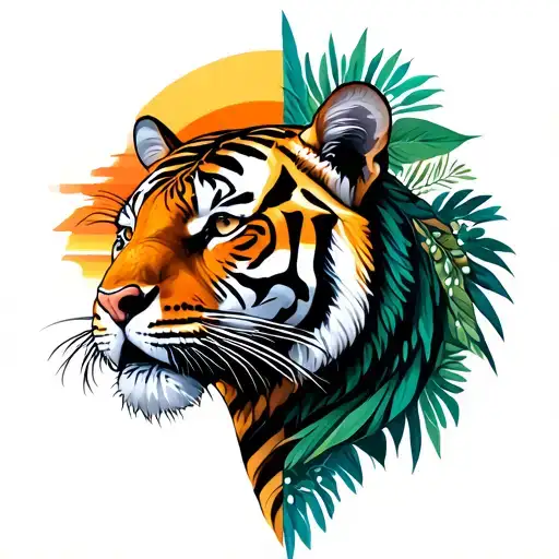 Half Tiger Head With Dent Stain Foliage Horus Pyramids Sunset