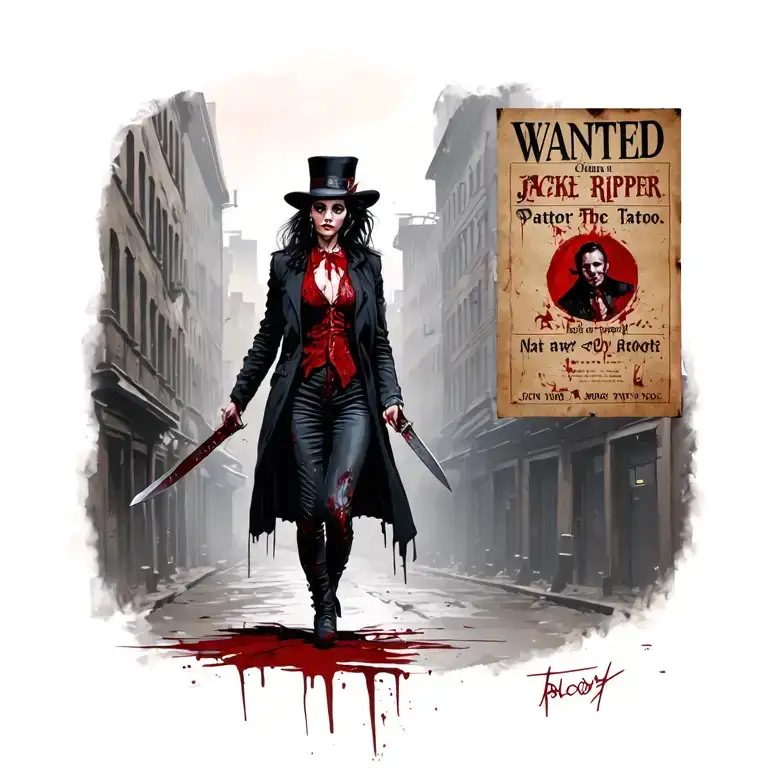 Bloody Woman Jack The Ripper Knife Walking Past Wanted Poster With Police