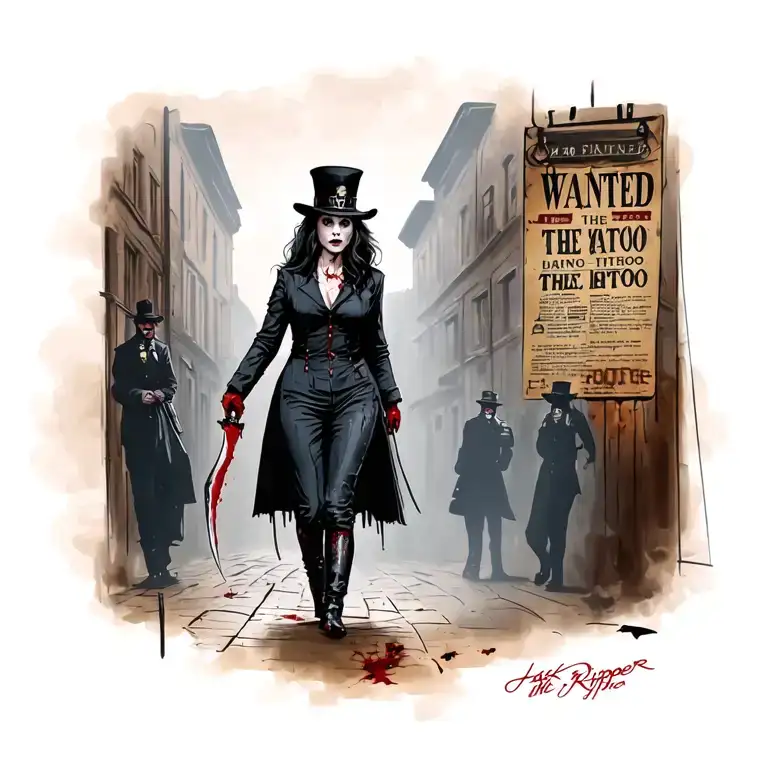 Bloody Woman Jack The Ripper Knife Walking Past Wanted Poster With Police