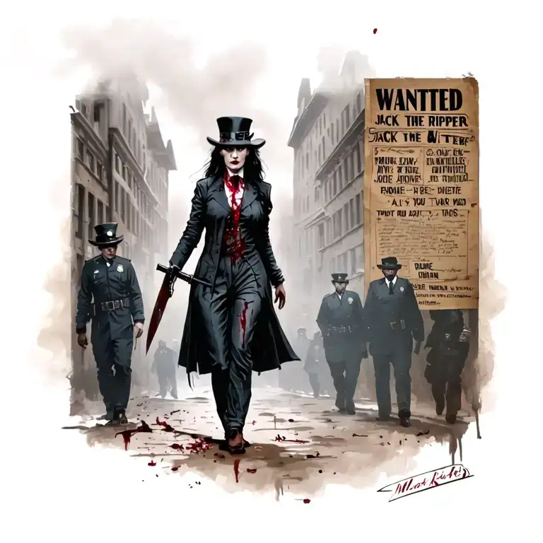 Bloody Woman Jack The Ripper Knife Walking Past Wanted Poster With Police