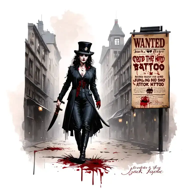 Bloody Woman Jack The Ripper Knife Walking Past Wanted Poster With Police