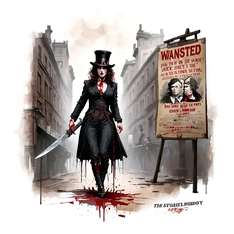 Bloody Woman Jack The Ripper Knife Walking Past Wanted Poster With Police