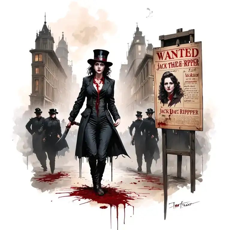 Bloody Woman Jack The Ripper Knife Walking Past Wanted Poster With Police