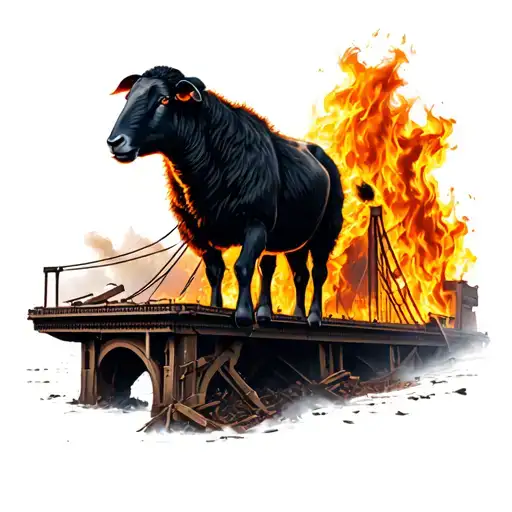 Collapsed Bridge That's On Fire In The Background Of A Black Sheep