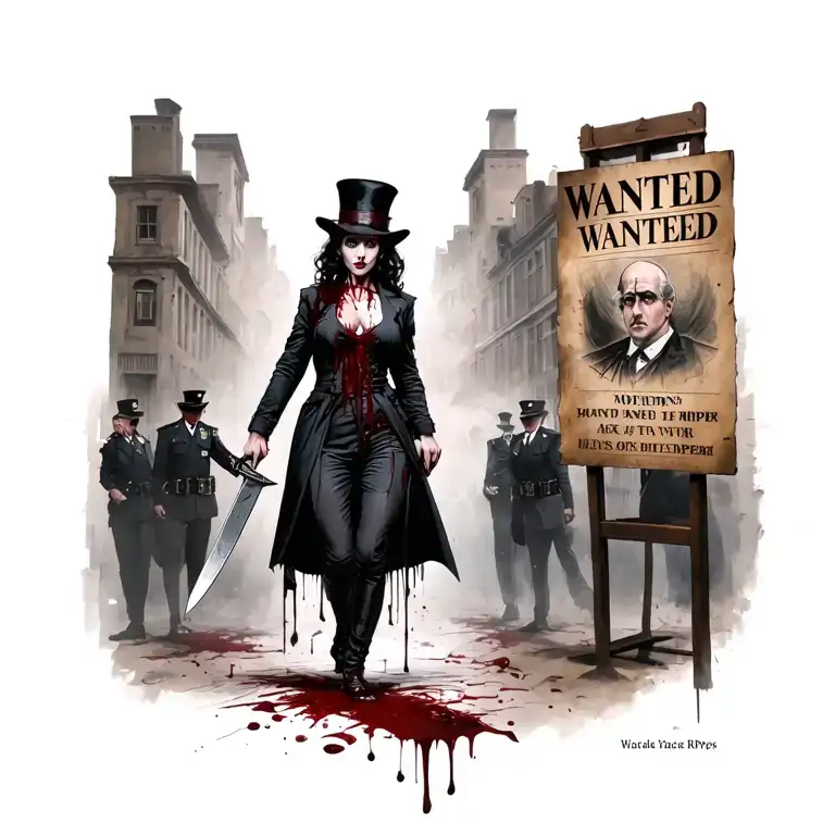 Bloody Woman Jack The Ripper Knife Ripping Down Wanted Poster With Police