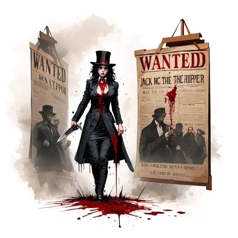 Bloody Woman Jack The Ripper Knife Ripping Down Wanted Poster With Police