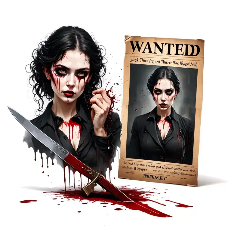 Bloody Woman Jack The Ripper Knife Ripping Down Wanted Poster With Police