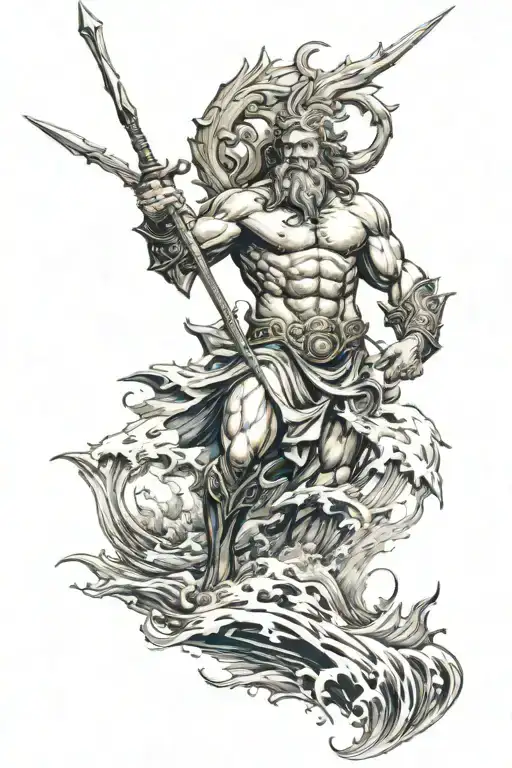 Poseidon Rising From The Ocean Weilding His Trident