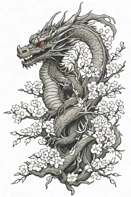 Dragon And Cherry Blossom Tree