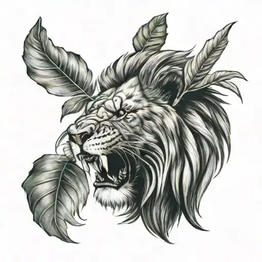 Roaring Lion With One Leaf On Head And Another On Beard And One Red Transparent Box On Left Eye