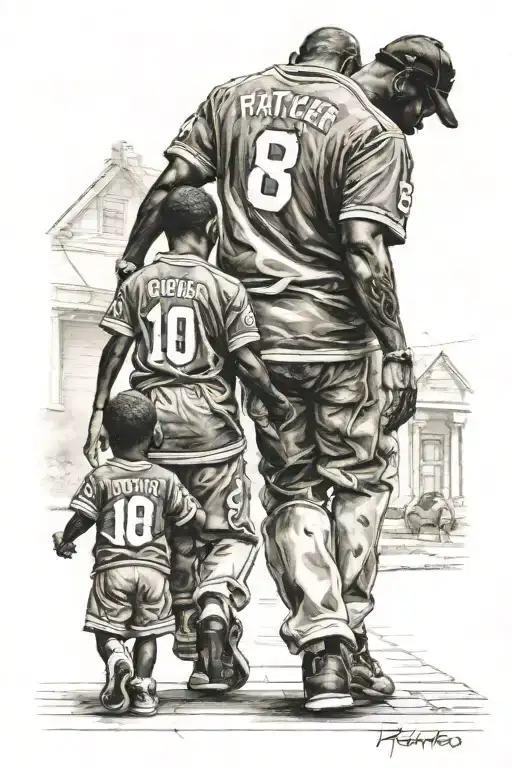 Black Father Holding Son Hands Walking With Matching Jerseys On View From Behind