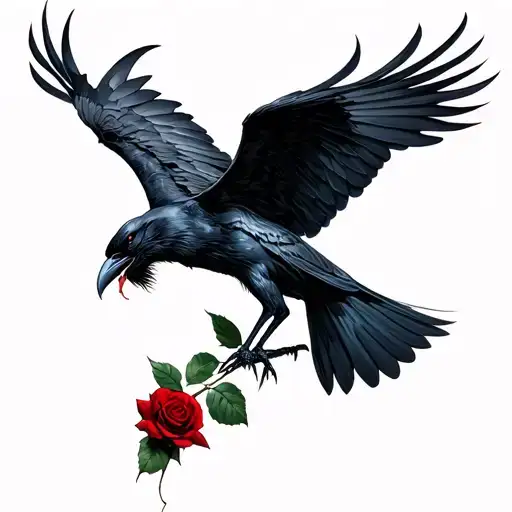 Black Lightning With A Raven Holding A Rose With Throns In Its Mouth While Flying