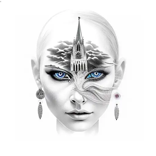 Woman Face Illusion With Eyes With Cathedral Windows Background