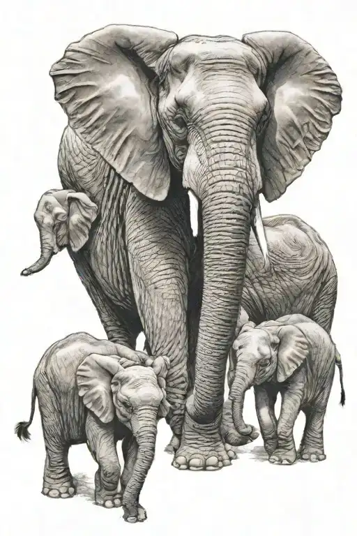 Mother Elephant With Two Baby Elephants Holding Trunks