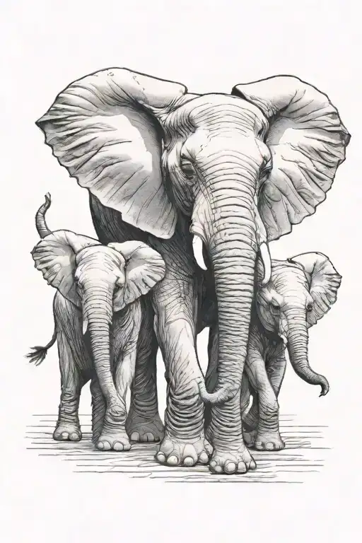 Front Facing Mother Elephant With Two Baby Elephants Holding Trunks In Front