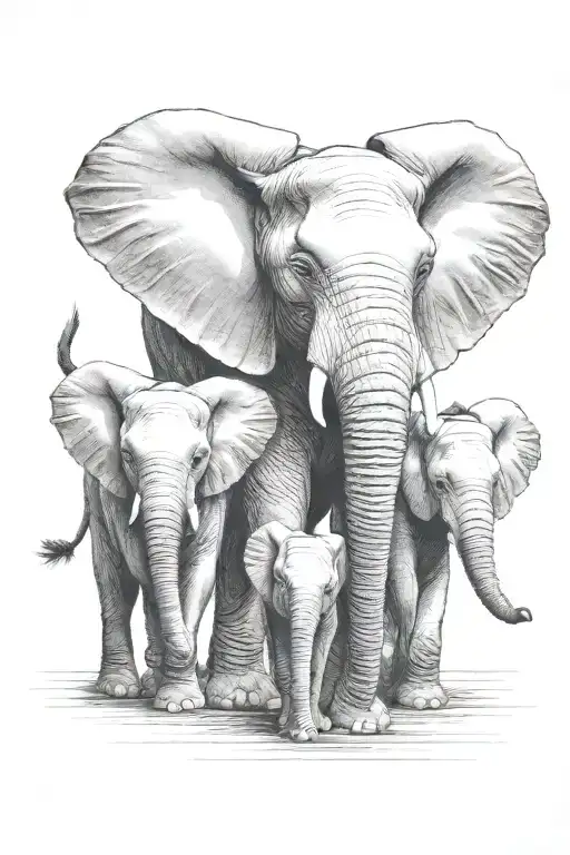 Front Facing Mother Elephant With Two Baby Elephants Holding Trunks In Front