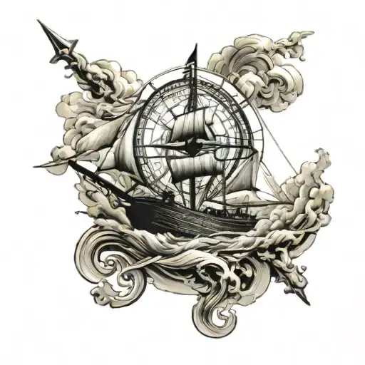 Compass Plane Ship Sailing Through Stormy