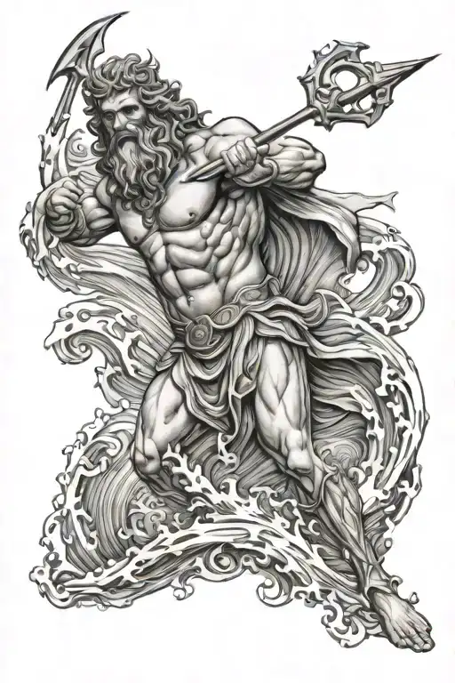 Poseidon Holding A Trident In The Ocean Waves