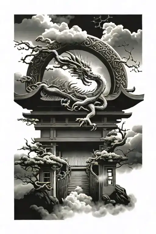 Japanese Gate With Japanese Clouds Surrounding With Dragon In Background