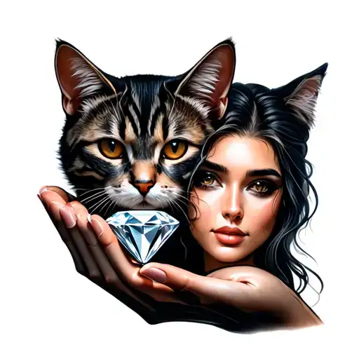 Female Face With A Cat Up On The Head And A Hand Holding A Diamond